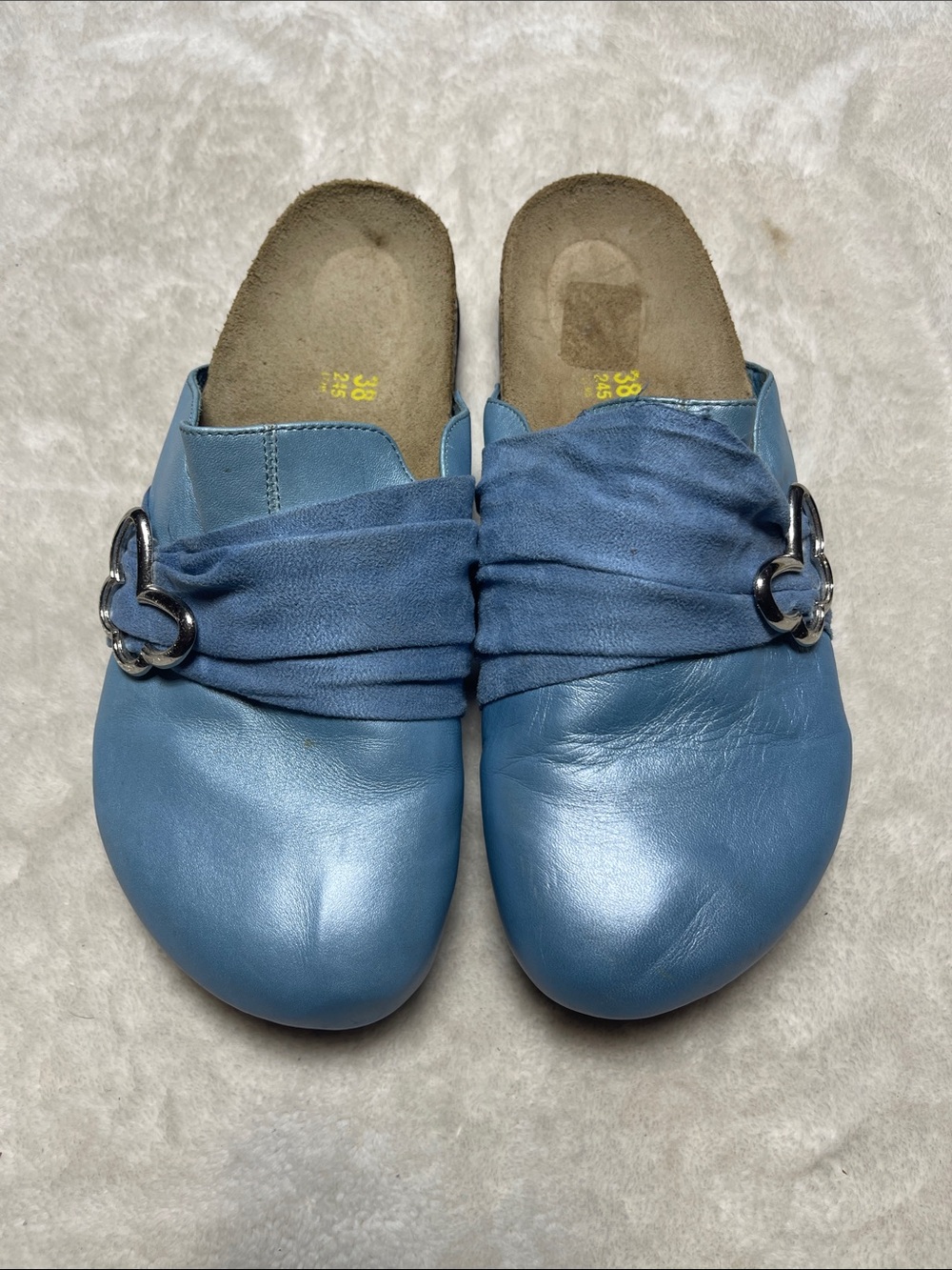 Tatami By Birkenstock Blue Leather Slip-On Mules with Silver Buckle Size 38